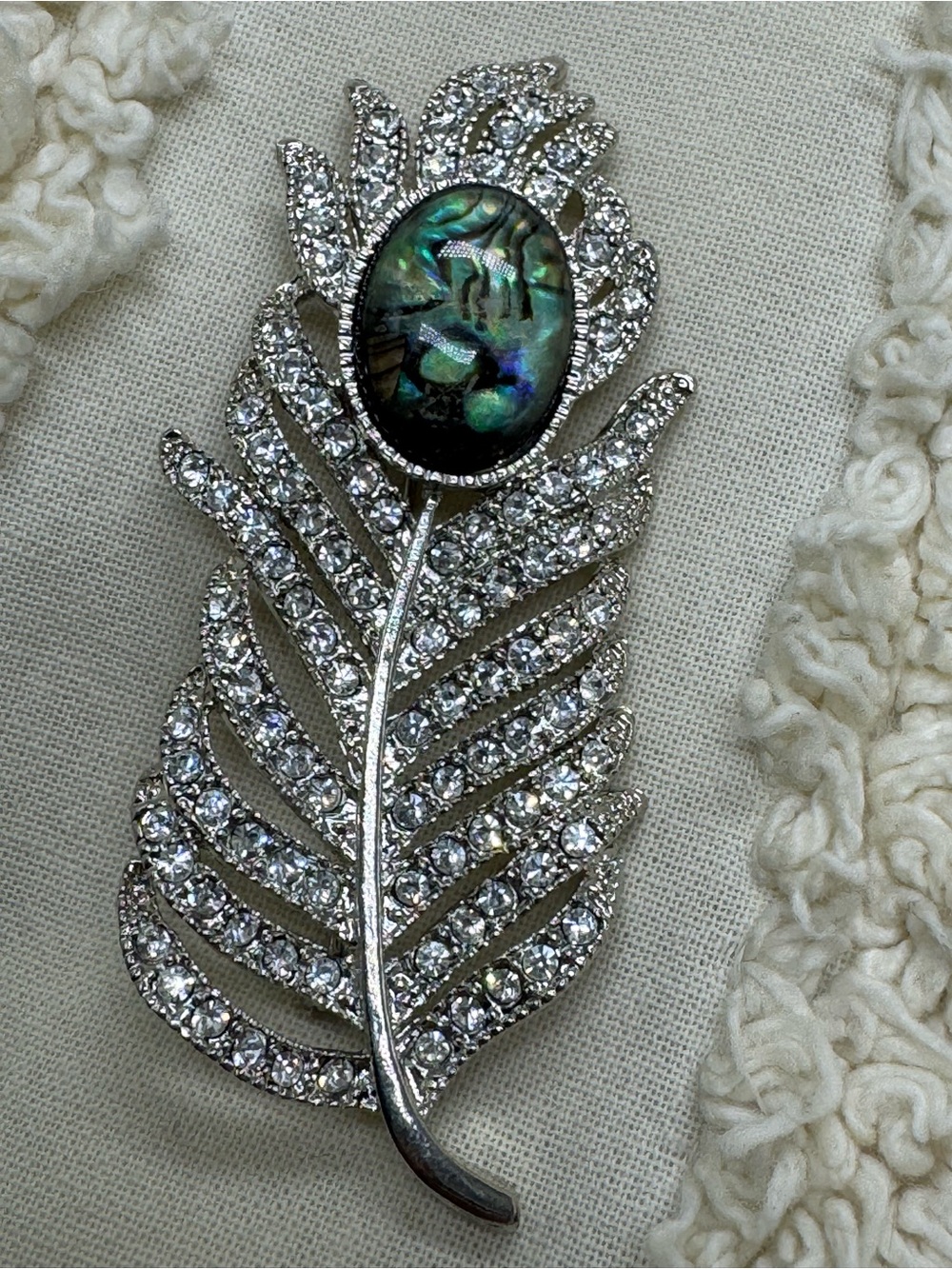 Silver-Tone Feather Brooch with Mother-of-Pearl Accent